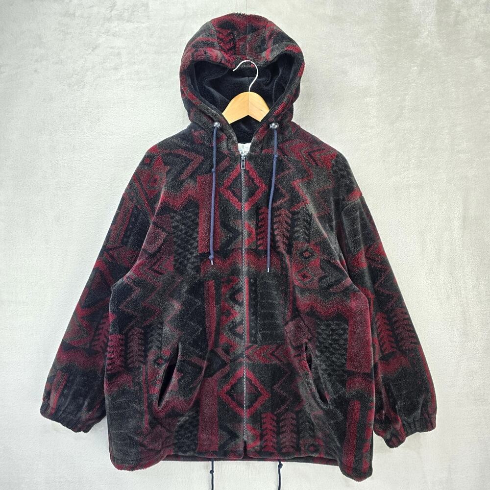 Vintage Forecaster Aztec Sherpa Fleece Full Zip Hooded Jacket Mens Medium Black